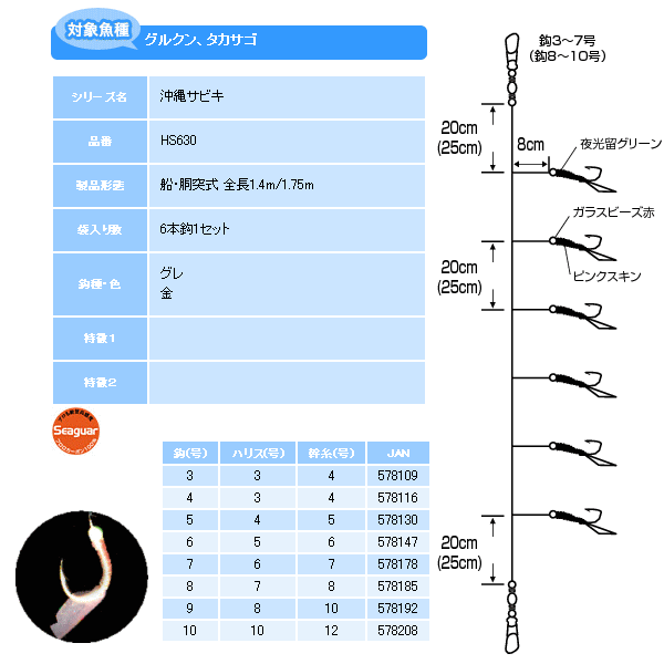 画像: ハヤブサ 沖縄サビキ グルクン ピンクスキン HS630 6本鈎 10号 (ハリス 10号) 【10点セット】