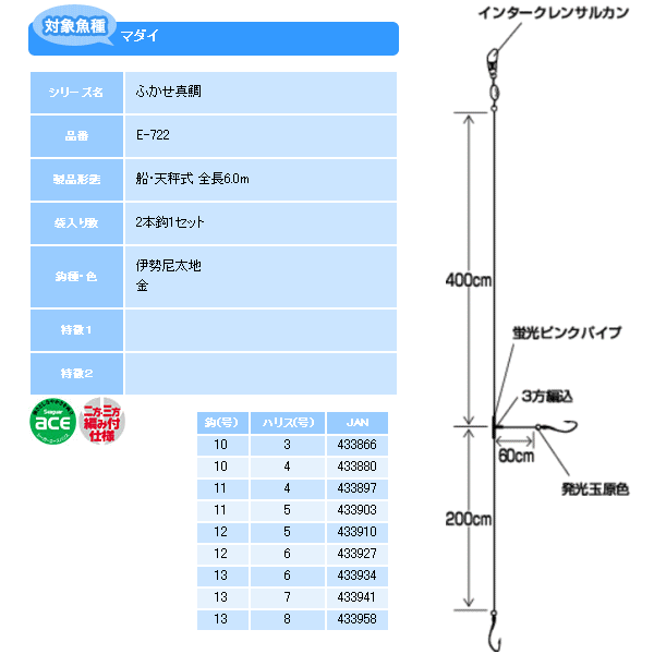 画像: ハヤブサ ふかせ真鯛 6m 2本鈎 E-722 12号 (ハリス 5号) 【5点セット】