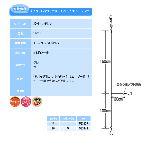 画像: ハヤブサ 海戦イナダビシ カラ鈎2本 SN230 2本鈎2セット 10号 (ハリス 5号) 【10点セット】
