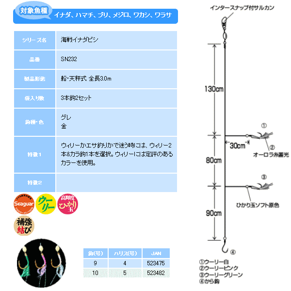 画像: ハヤブサ 海戦イナダビシ MIXウィリー+カラ鈎3本 SN232 3本鈎2セット 9号 (ハリス 4号) 【10点セット】