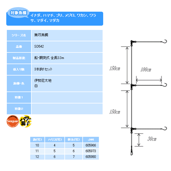 画像: ハヤブサ 無双真鯛 伊勢湾 ウタセ真鯛・ハマチ・マダカ 枝1m SD542 3本鈎1セット 10号 (ハリス 4号) 【10点セット】