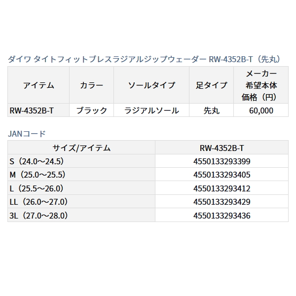 画像: ≪'23年3月新商品！≫ ダイワ タイトフィットブレスラジアルジップウェーダー（先丸） RW-4352B-T ブラック LLサイズ