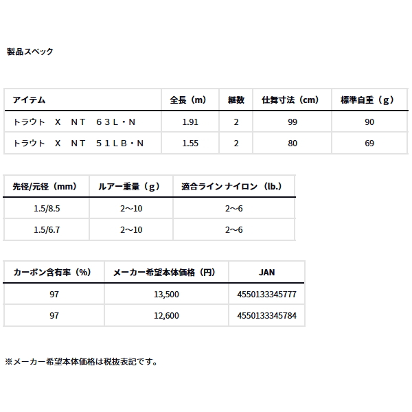 画像: ≪'24年2月新商品！≫ ダイワ トラウト X NT 51LB・N 〔仕舞寸法 80cm〕