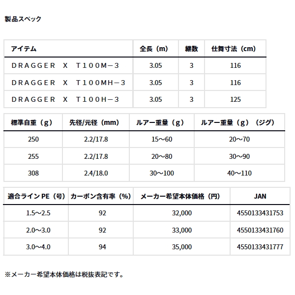 画像: ≪'24年4月新商品！≫ ダイワ ドラッガー X T100H-3 〔仕舞寸法 125cm〕 【保証書付き】