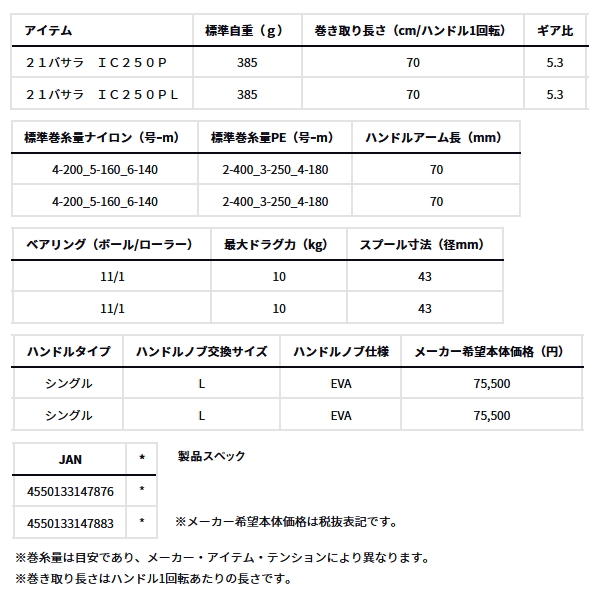 画像: ダイワ バサラ IC 250PL(左) 【小型商品】