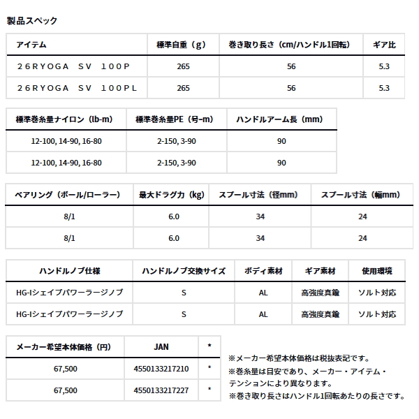 画像: （25年12月新商品） ダイワ 26 リョウガ SV 100PL（左） （小型商品）