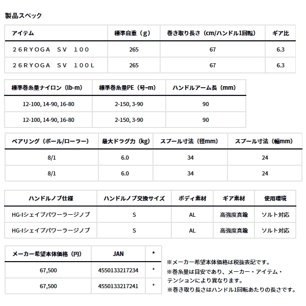 画像: （25年12月新商品） ダイワ 26 リョウガ SV 100L（左） （小型商品）