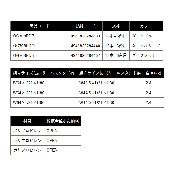 画像: （26年7月新商品） OGK カラーロッド＆リールスタンドレギュラー（16+6） OG708RDB ダークブルー