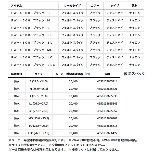 画像: （26年3月新商品） ダイワ パワーウェーダー（フェルトスパイク） PW-4508 ブラック MOサイズ